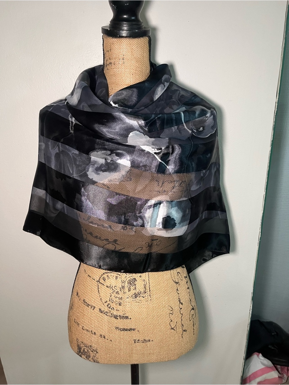 Black Floral Satin Scarf